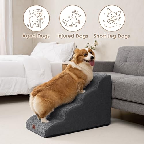 EHEYCIGA Curved Dog Stairs Ramp for High Beds 19.7" H, 4-Step Dog Steps for Small Dogs and Cats, Pet Stairs for High Bed Climbing, Non-Slip Balanced Pet Step Indoor, Grey - Image 5