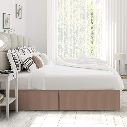 Image of Nestl Twin Bed Skirt - Damask Dobby Stripe Wrap Around Bed Skirt - Double Brushed Microfiber 14 in Tailored Drop Pleated Bed Ruffle with Bed Skirt Pins - Taupe