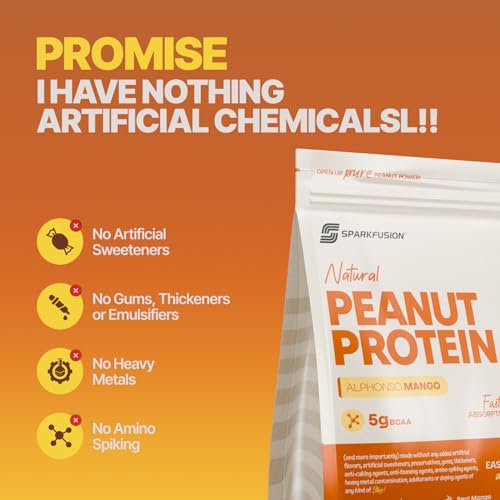 Image of SparkFusion Natural Peanut Protein Isolate - Flavor - 25g Protein, 5g BCAA, Zero Sugar, Gut-Friendly, Vegan, Lab-Tested, No Artificial Additives (500 g (Pack of 1), Alphonso Mango)