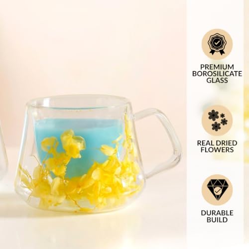 Image of Nestasia Double Wall Glass Mug with Dried Flowers Set of 2 (180ml Each) - Transparent Borosilicate Floral Glass Tea Cups | Lightweight & Durable Coffee Mugs - Perfect for Gifting (Yellow)