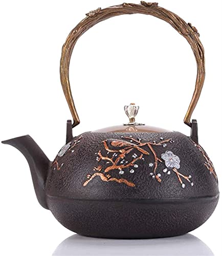 CAFIEDR Pflaumenblüten-Teekanne aus Gusseisen mit Edelstahl-Sieb, japanischer unbeschichteter Wasserkocher aus Gusseisen, herdsichere Teekanne aus Gusseisen, geprägtes Design, 1000 ml