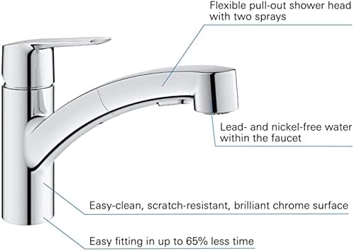 GROHE QUICKFIX Start - Kitchen Sink Tap Mixer with Pull-Out Dual Spray (Low Spout with 90° Swivel Area, 1-Hole Easy Install with Fast Fixation, Requires Min 1.0 Bar, Tails 3/8 Inch), Chrome, 30531001