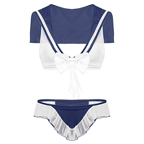 ranrann Costume Marin Femme Sexy Ensemble Lingerie Erotique Nuisette Babydoll Cosplay Adulte sous-vêtement Uniforme Déguisement Ecolière Clubwear S-XL Bleu Marine XL
