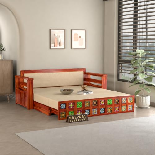 Image of Solid Sheesham Wood Sofa Cums Bed with Mattress & Storage | Rosewood Convertible Sofa Bed for Living Room & Bedroom (F-Honey Finish, 3 Seater)