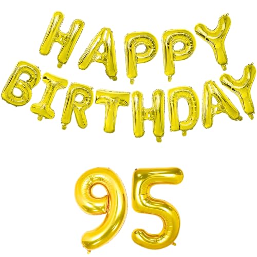 Image of Flyloons 95th Golden Colour Happy Birthday Foil Balloon Banner Set for 95 Year Old Men Women | with Number Ninety-five | 13 Letters Reusable Happy Birthday Metallic Foil Balloons Decoration Kit