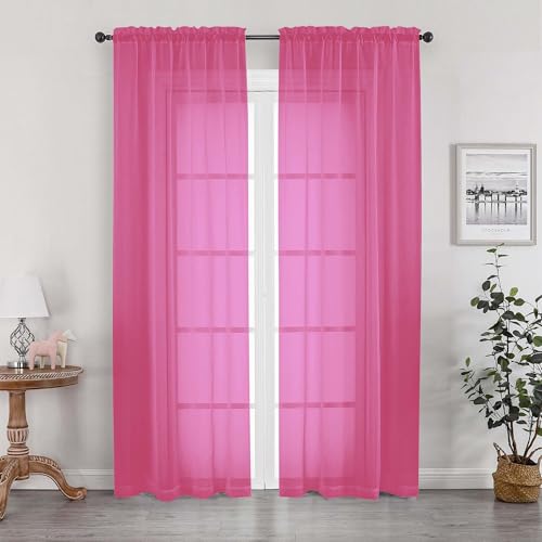 Image of OWENIE Sheer Hot Pink Curtains for Bedroom Living Room 78 Inches Long 2 Panels Set, Soft Solid Light Filtering Sheer Curtain Rod Pocket Clear Drapes for Window Sliding Door, Hot Pink, 42 x 78 Inch