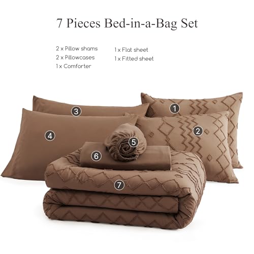 Image of AMBERSPACE King Size Comforter Set Brown, Tufted Geometric Boho Bedding Farmhouse Bed Set, All Season 7 Pieces Bed in a Bag with Sheets, Pillowcases & Shams