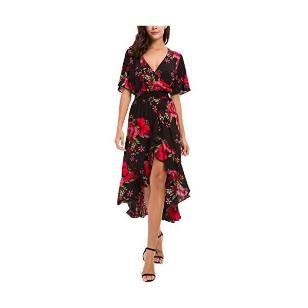 Kormei Womens Short Sleeve Floral High Low V-Neck Flowy Party Long Maxi Dress L Black&Red