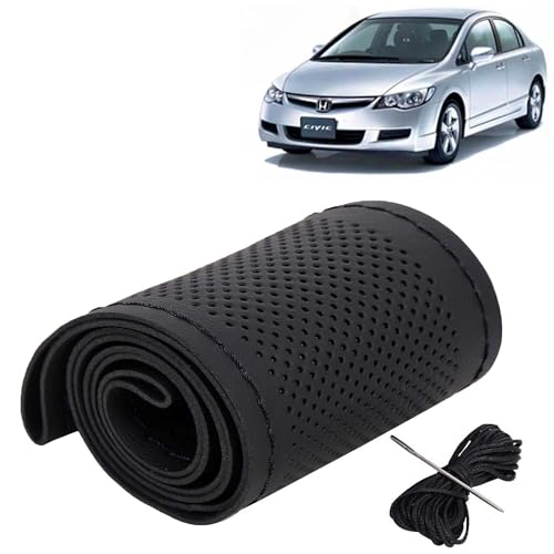 Image of KINGSWAY PU Leatherite Car Steering Cover Sewable Compatible with Honda Civic (Year 2006-2015), Black Color with Black Thread, Pack of 1 with Sewing Needle and Thread