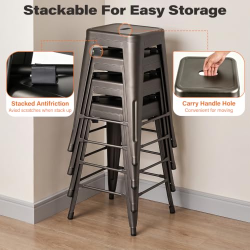Image of FDW 24 inch Metal Counter Stools Set of 4, Stackable, Bronze | Heavy-duty steel frame | X-brace support | Stackable backless design | Kitchen island, patio and bar seating