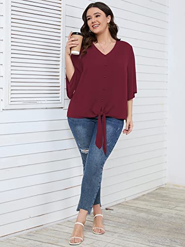 SCOMCHIC Women's Plus Size Blouses V Neck Tops 3/4 Sleeve Tie Knot Casual False Button Down Shirts XL-5XL4
