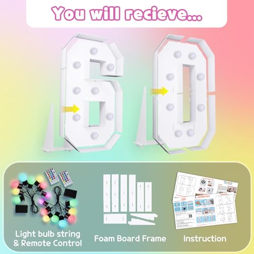Image of Imprsv Colorful 3FT Marquee Numbers Light up Numbers 60 Birthday Decoration | RGB with Remote, Party Decorations Anniversary Wedding Decorations Assembly Required Foam Board 40 Pcs Accessory Set