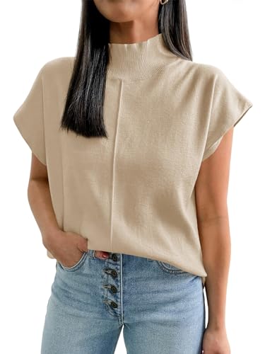 Saodimallsu Womens Summer Cap Sleeve Tops Mock Neck Knit Sweater Vest Sleeveless Work Elegant Shirts