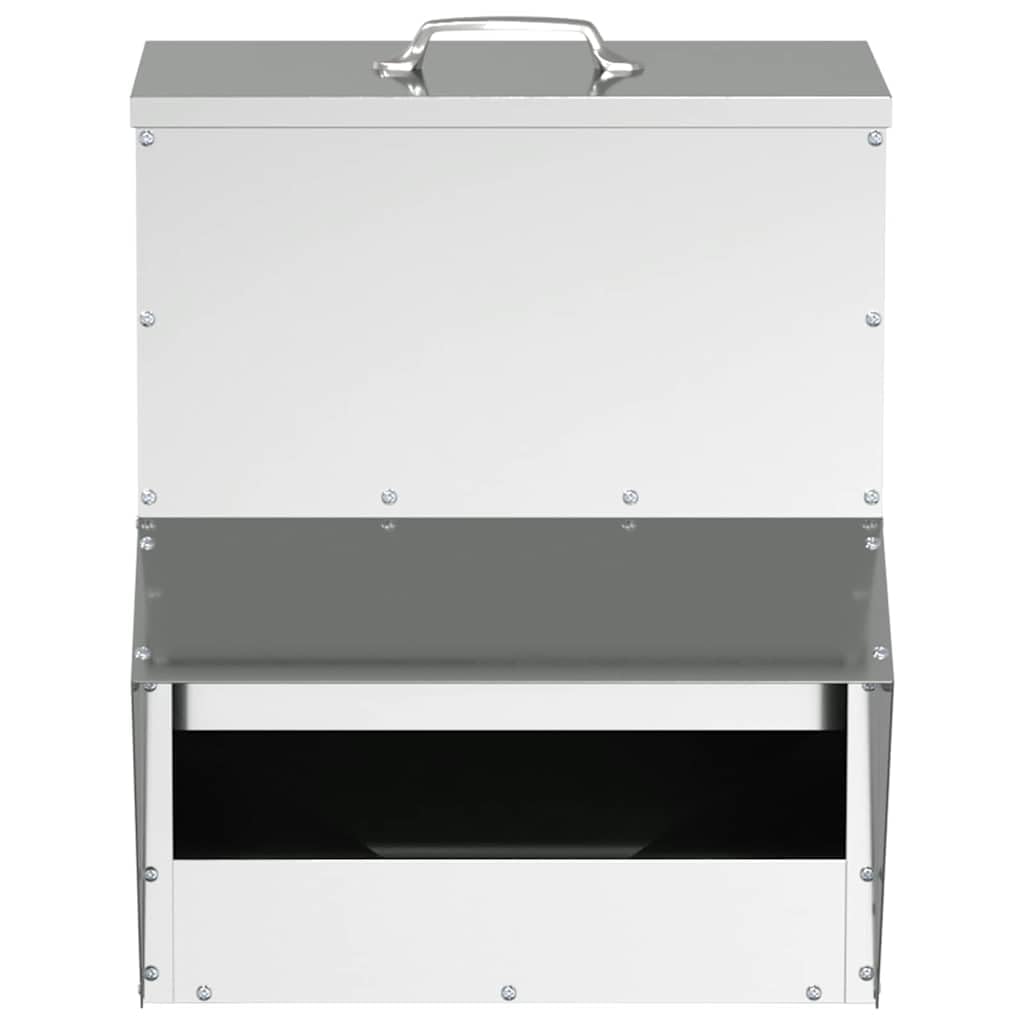 Comedero para gallinas de acero galvanizado plateado 20 x 25 x 35 cm, diseño moderno y limpio para interior y exterior, práctico para alimentar aves de corral con fácil mantenimiento.