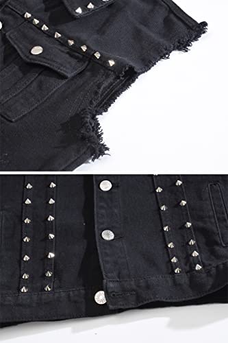 Image of ebossy Men's Ripped Distressed Denim Vest Sleeveless Button Up Jean Vest Jacket (Large, Rivet Black)