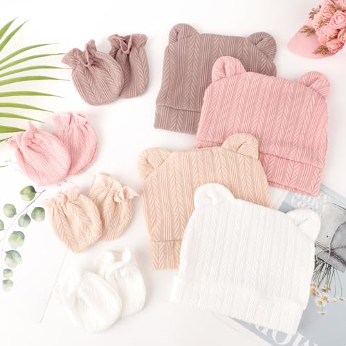 Image of BQUBO Newborn Baby Hats Bear Ears and Mittens Sets Preemie Caps Baby Boy Girl Infant Hospital Beanie for 0-3 Months