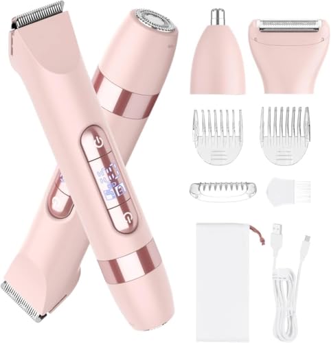 Hatteker 4-in-1 Womens Electric Razor Dual-Head Body Hair Trimmer for Women IPX7 Waterproof Rechargeable Bikini Trimmer & Facial Hair Remover for Legs Armpits Face Nose Eyebrows Pink