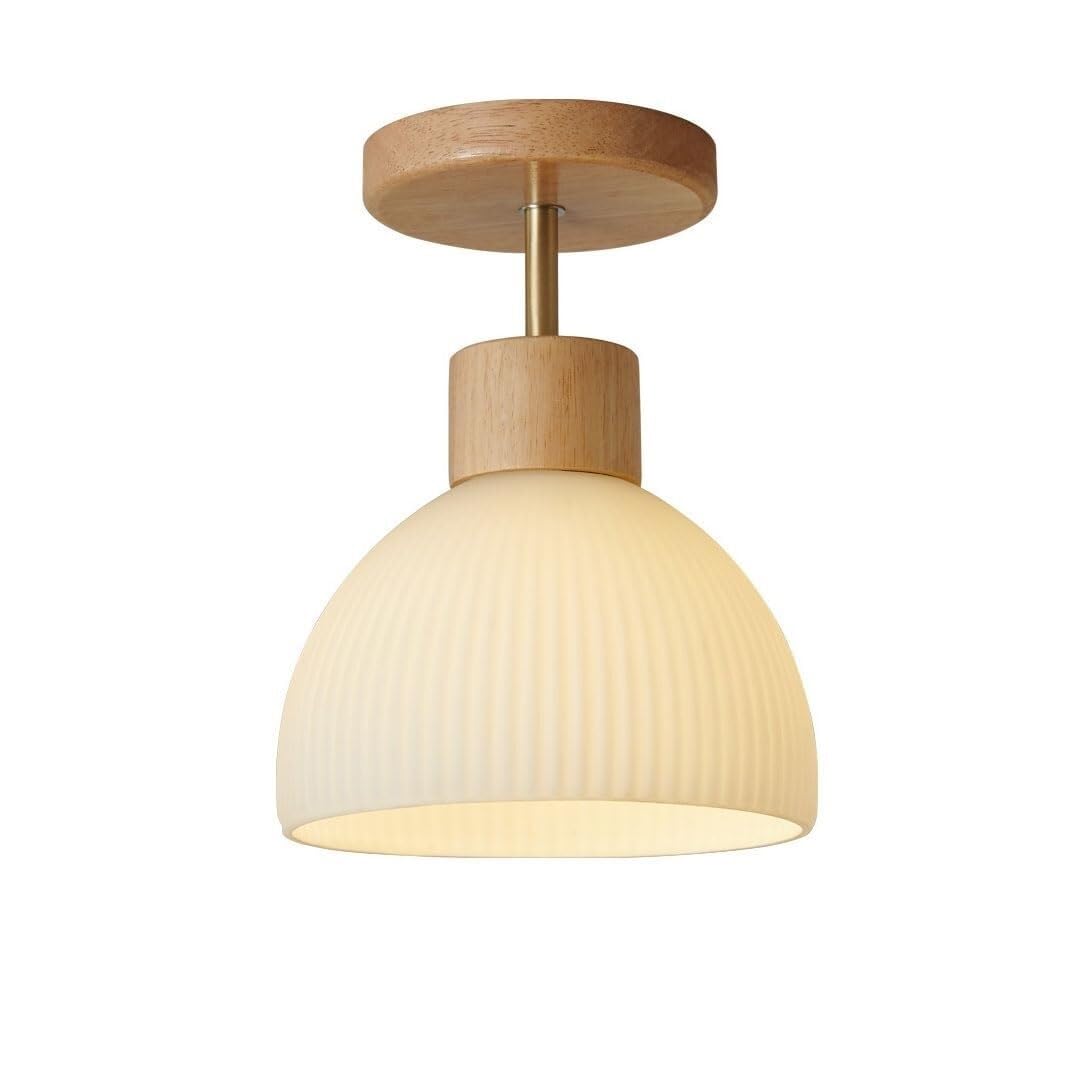 Plafonnier en bois vintage et verre blanc pour salon et chambre
