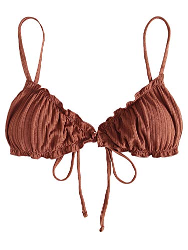 Verdusa Women s Ruffle Trim Self Tie Ribbed Swimwear Bikini Triangle Top Rust Brown S