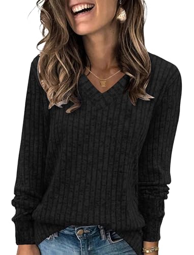 Image of Zeagoo Long Sleeve Shirts for Women V Neck Casual Sweaters Basic Knit 2025 Fall Fashion Pullover Tops