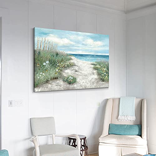 Wallsup Decor Abstract Beach Coastal Painting Canvas: Flower & Straw With Blue Sky Wall Art Seascape Artwork Picture For Living Room ( 36” X 24'' X 1 Panel ) #TOP2