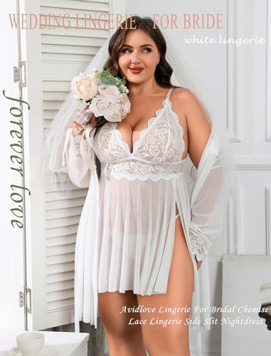 Image of Avidlove Plus Size Lingerie Sexy Lingerie Set Women's Exotic Nightgowns Lace Chemise Lingerie Side Slit Nightdress
