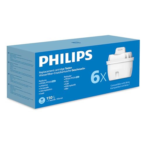 Philips Water Replacement Filter Cartridges Taste+, 6-Pack, Reduces MICROPLASTICS, Chlorine, LIMESCALE, Heavy Metals, Packaging May Vary, Compatible with Brita*