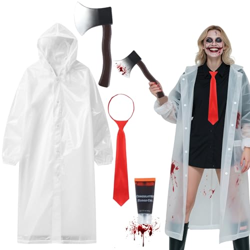 Hlimior 4 PCS Halloween Costume Accessory Psycho Killer Cosplay Costume with Raincoat Axe Red Tie Fake Blood Gel Scary Horror Dress Up for Men Women Masquerade Carnival Halloween Outfit Props