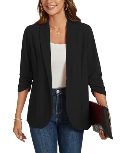 MINTLIMIT Blazers for Women 3/4 Ruched Sleeve Shawl Collar Open Front Business Jacket Blazer Work Office Blazers Jackets4