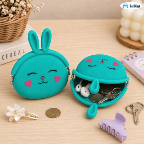 Image of FunBlast Cute Bunny Shape Silicone Coin Purse for Kids & Adults - Mini Pouch for Coins, Earphones, Keys & Small Essentials, Aesthetic Pouches for Girls & Women - 12 X 9.5 X 3 Cm (Bunny-Green)