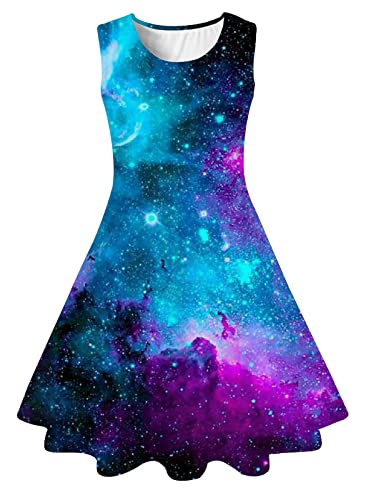 uideazone Girls Starry Sky Pattern Crew Neck A-line Skater Dress Size 8-9