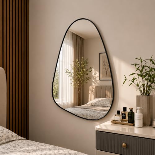 Image of Irregular Wall Mirror, 19.7 x 13.8 Inch Wall Hanging Mirror with Black Bidding, 5mm HD Floating Glass, Modern Aesthetic Vanity Mirror for Bedroom, Living Room, Entryway
