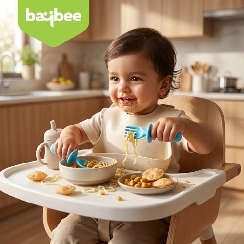 Image of Baybee 100% Silicone Baby Feeding Spoons Set of 2 | Bpa Free- Food Grade Soft Silicone Tip Spoon & Fork Self Feeding Utensil | Baby & Toddlers Gum Friendly Weaning Supplies for Kids 1 Months+ (Blue)