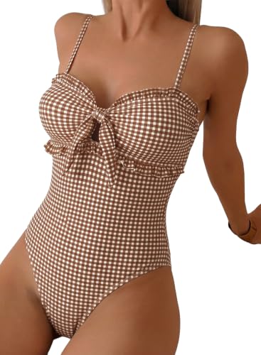 Herseas Womens One Piece Swmisuits Knotted Front Brown Gingham Swim Suit Summer Tummy Control Full Coverage Ruffled Bathing Suit Adjustable Straps Slimming Swimwear Casual Vacation Outfits XX-Large