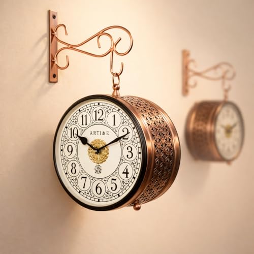 Image of Handcrafted Double Side Metal Analog Vintage Wall Clock,Hand Jali Cutting | 1.5 Year Machine Warranty |65470- Size INCHES | 1 Side Number 1 Side Roman,Colour Copper Size 8 inch