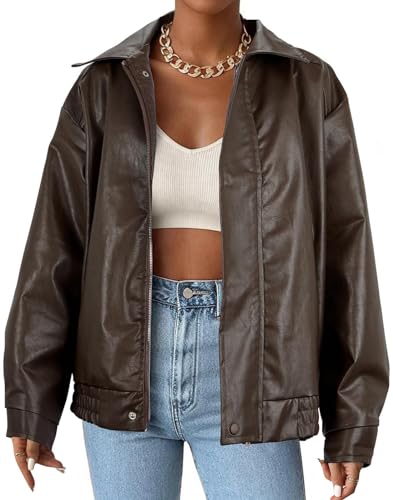 Faux Leather Jacket Women Brown Pleather Bomber Jacket Oversized Leather Blazer Motorcycle Jacket Biker Jacket Winter Coat Brown M