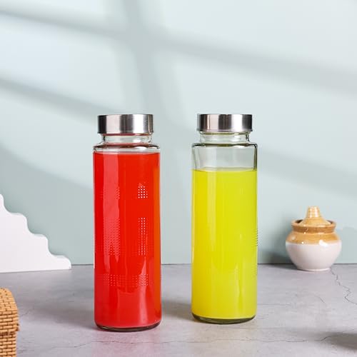 Image of EVATTA Glass Water Bottle 500ml | Set of 2 | Stainless Steel Airtight Leak-Proof Lid | Glass Water Bottle for Fridge | Wide mouth & Easy to Clean | Perfect Bottle for Office, Gym, School, Yoga (2)