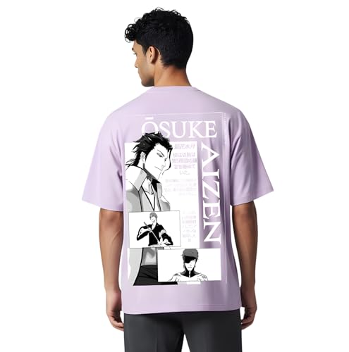 Image of Yume Men's Oversized Aizen Sosuke Anime Printed T-Shirt | 240 GSM Cotton Crew Neck Tee | Lavender & Black Beige Dual-Tone | Bleach Villain Merch | Long Length Drop Shoulder Streetwear (Black)