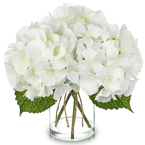Hydrangea Artificial Flowers with Glass Vase, White Real Touch Silk