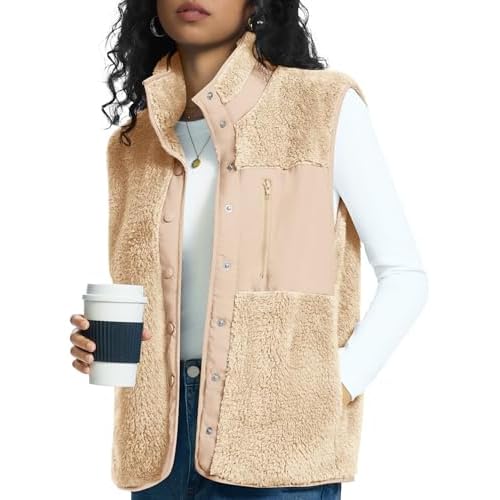 Rapbin Vests for Women Lightweight Stand Collar Sherpa Fuzzy Fleece Vest Buttoned Sleeveless Jackets with 3 Pockets Apricot Medium