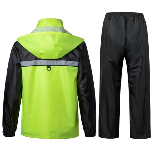 KTWOLEN Regenanzug für Herren Winddicht Regenjacke mit Kapuze Reflektierender Regenmantel mit Regenhose Wasserdicht Arbeits-Regenbekleidung, Grün, XL
