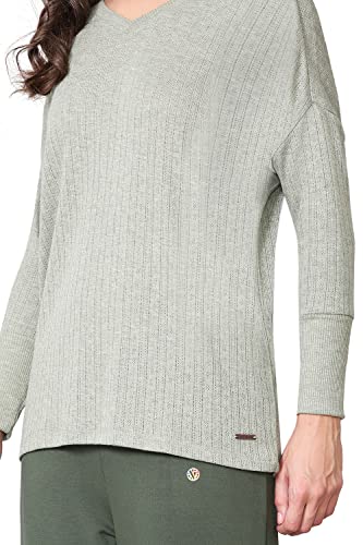 Image of Van Heusen Women Lounge Relaxed Fit T-Shirt - Ecoliva Viscose-Polyester - V-Neck, Full Sleeve, Sustainably Enhanced, Ultra Soft