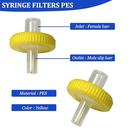 Image of 100 Count Syringe Filter, PES 13mm Diameter 0.22um Pore Size (Yellow) | PES Hydrofilic Membrane 13mm Diameter 0.22um Pore Size, Syringe Lab Filters, Non Sterile Filtration (Yellow)