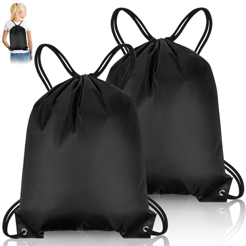 GAOHUI 2PCS Turnbeutel mit Kordelzug, Wasserdicht Sportbeutel für Kinder Erwachsene, Schwarz PE Taschen Kleine Gym Bag für Schule Sport Schwimmen Turnhalle Reisen Strand