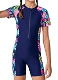 Alakuoti Girls Short Sleeve UPF 50+ Rash Guard Teen Colour Block One Pieces Bathing Suits with Zip Size 10 Navy Blue