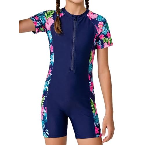 Girls Short Sleeve UPF 50+ Rash Guard Teen Colour Block One Pieces Bathing Suits with Zip 6-14 Years 8 Navy Blue