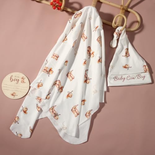 Image of Ylsteed Baby Swaddle Blanket and Headband Set, Newborn Receiving Blanket Swaddle Wrap for Girls and Boys, Swaddling Blankets Neutral for Newborn, Soft and Skin-Friendly 32 * 32 inches (Cowboy)