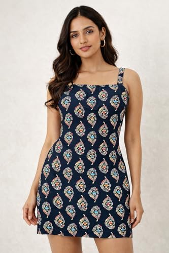 Image of Rayon Printed Short Dress for Women | Sleeveless Style | Pull-On Closure, Floral Design, Square Neck, Slim Fit Style for Parties, Summer Evening Outfits - Black