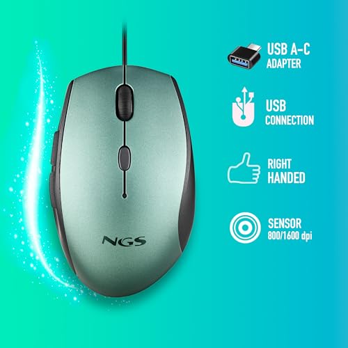 NGS Moth Ice Optyczna mysz komputerowa, przewodowa mysz komputerowa, 5 cicha i przewijana, ergonomiczna mysz 800/1200/1600 dpi, możliwość ściemniania, lód