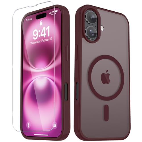 Image of YENAPOON for iPhone 16 Plus Case, Matte Magnetic Phone Cover [with 1 Screen Protector] [Support for MagSafe] [Shockproof Military Grade Protection] Translucent Frosted Back, Wine Red